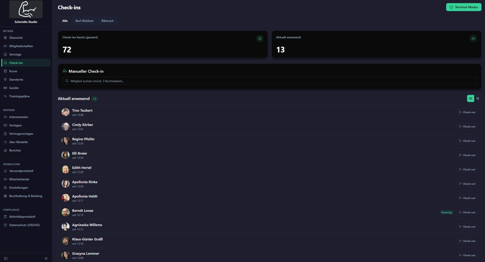 Studio-Software Check-in & Check-out – Live-Anwesenheit im Studio