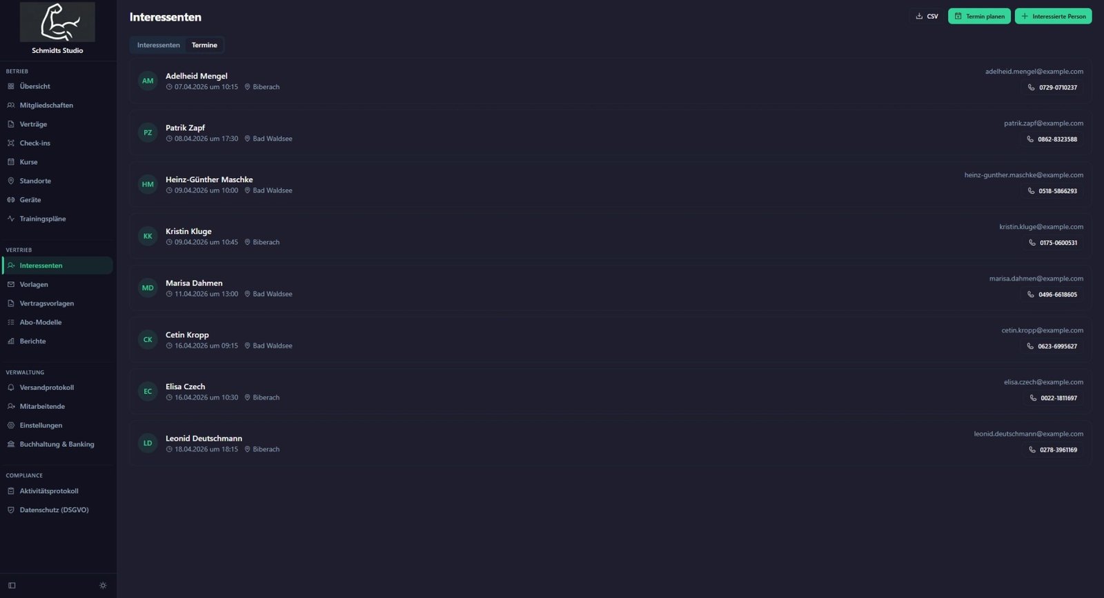 Studio-Software Terminplanung – Probetrainings und Beratungstermine