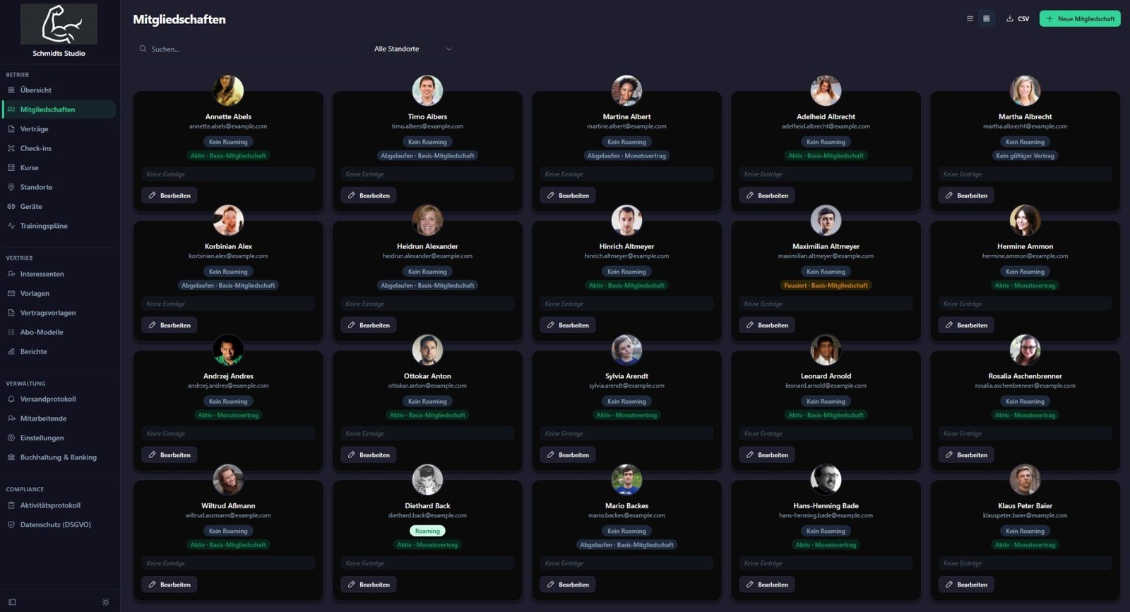 Studio-Software Mitgliederverwaltung – Profilkarten aller Mitglieder